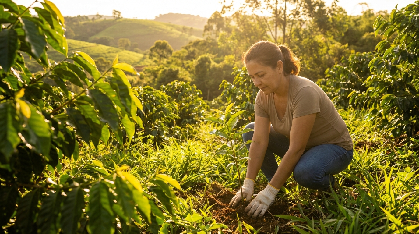 Uma pessoa plantando uma muda em meio a uma paisagem de natureza exuberante, simbolizando sustentabilidade e futuro verde.