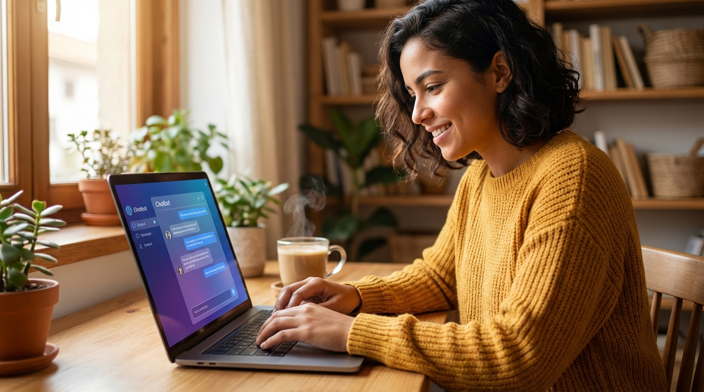 Pessoa usando notebook e interagindo com um chatbot em uma tela com interface de inteligência artificial em tons de roxo e azul.