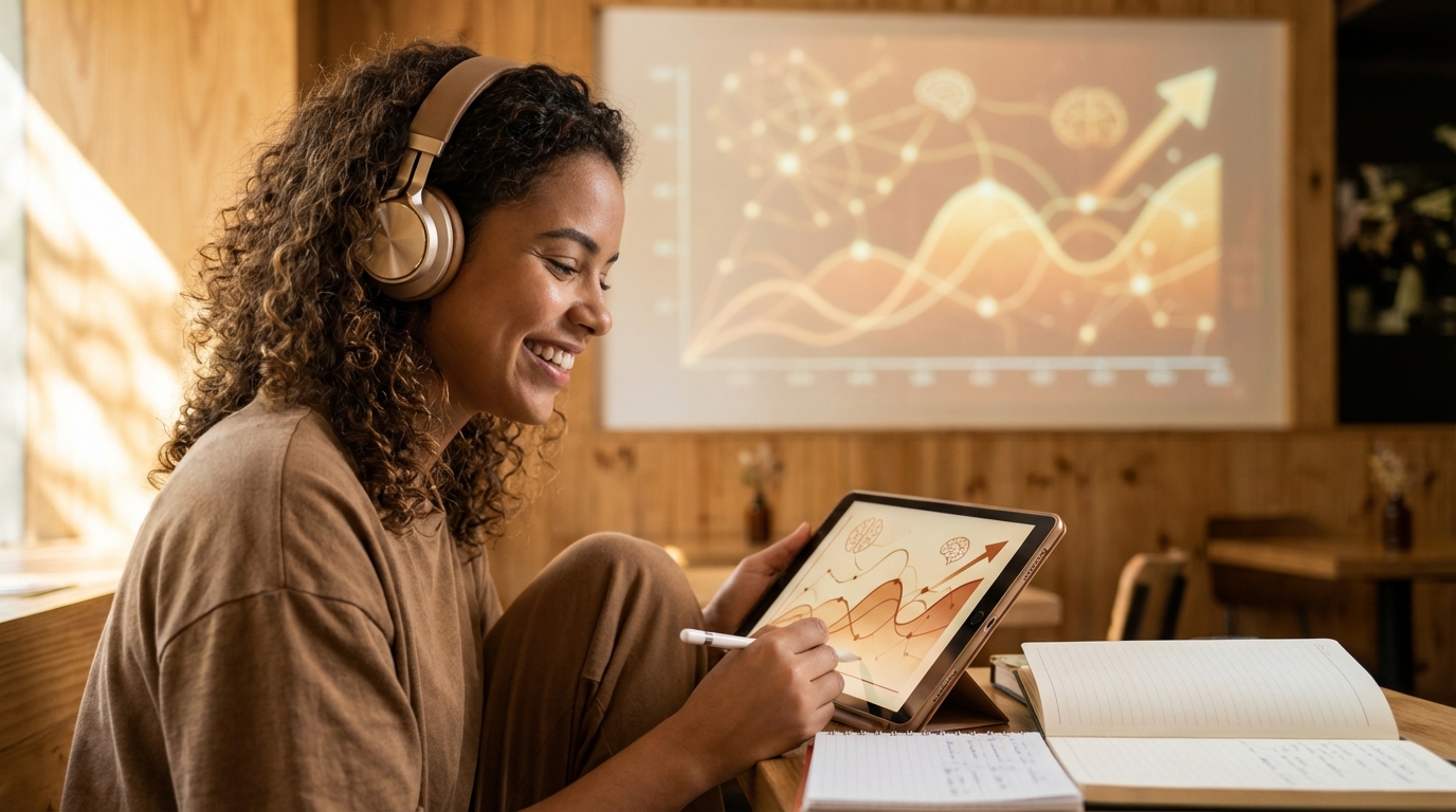 Estudante com fones de ouvido sorrindo enquanto usa um tablet para estudar, exibindo um gráfico com elementos de inteligência artificial em segundo plano.