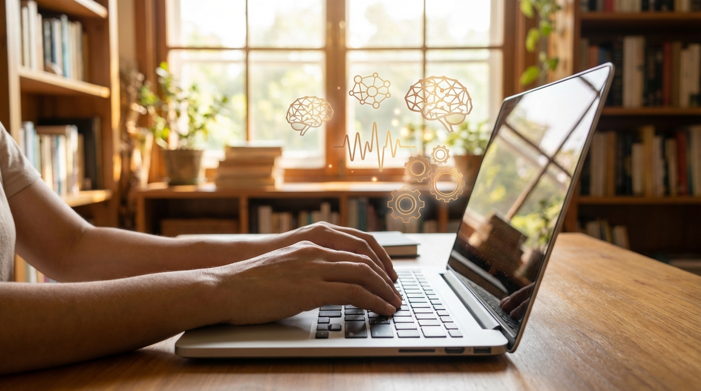 Mãos de pessoa digitando em teclado de computador, com símbolos abstratos de inteligência artificial flutuando acima da tela, representando interação com IA.