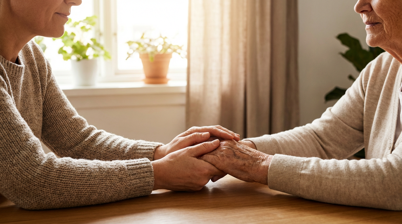 Mãos de cuidadora segurando as mãos de uma idosa, transmitindo carinho e apoio em um ambiente aconchegante