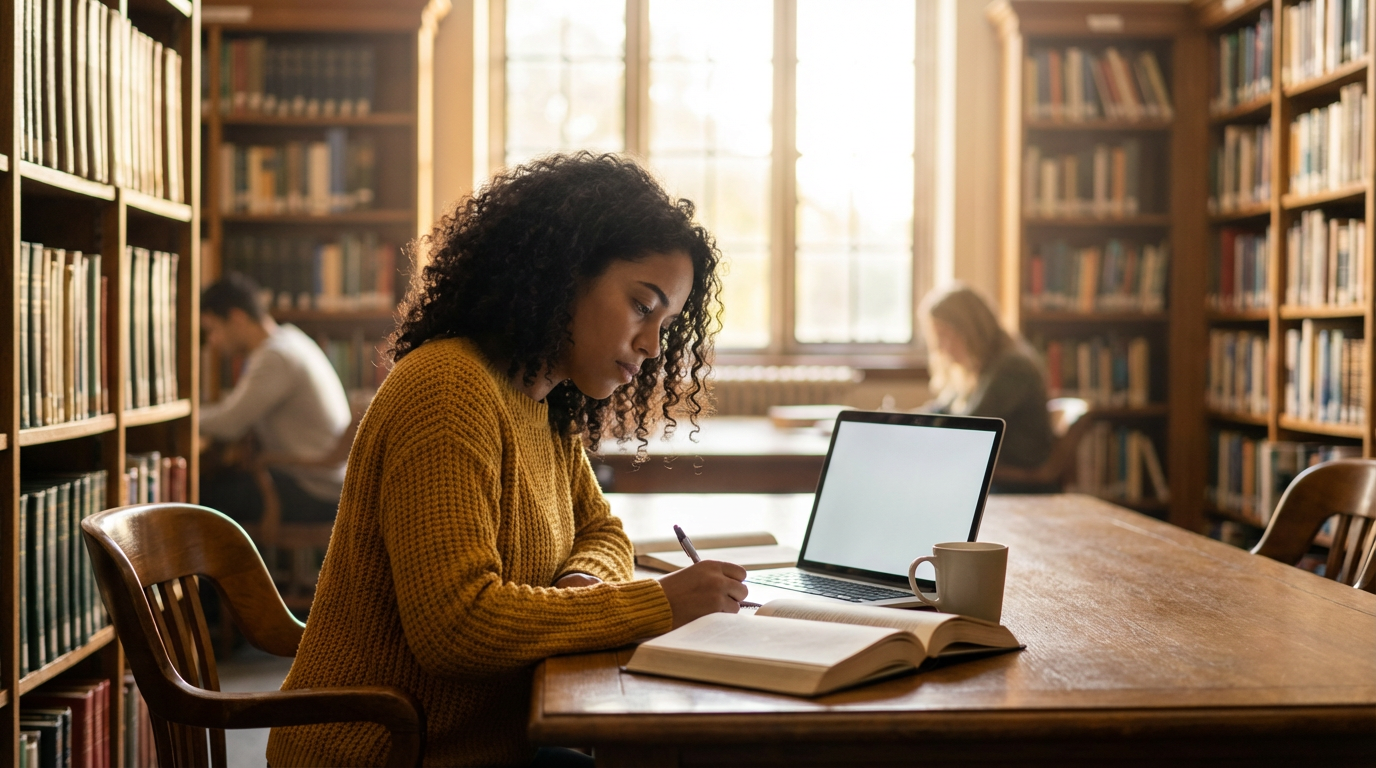 Pessoa estudando concentrada em uma biblioteca, com livros e computador, simbolizando foco e aprendizado