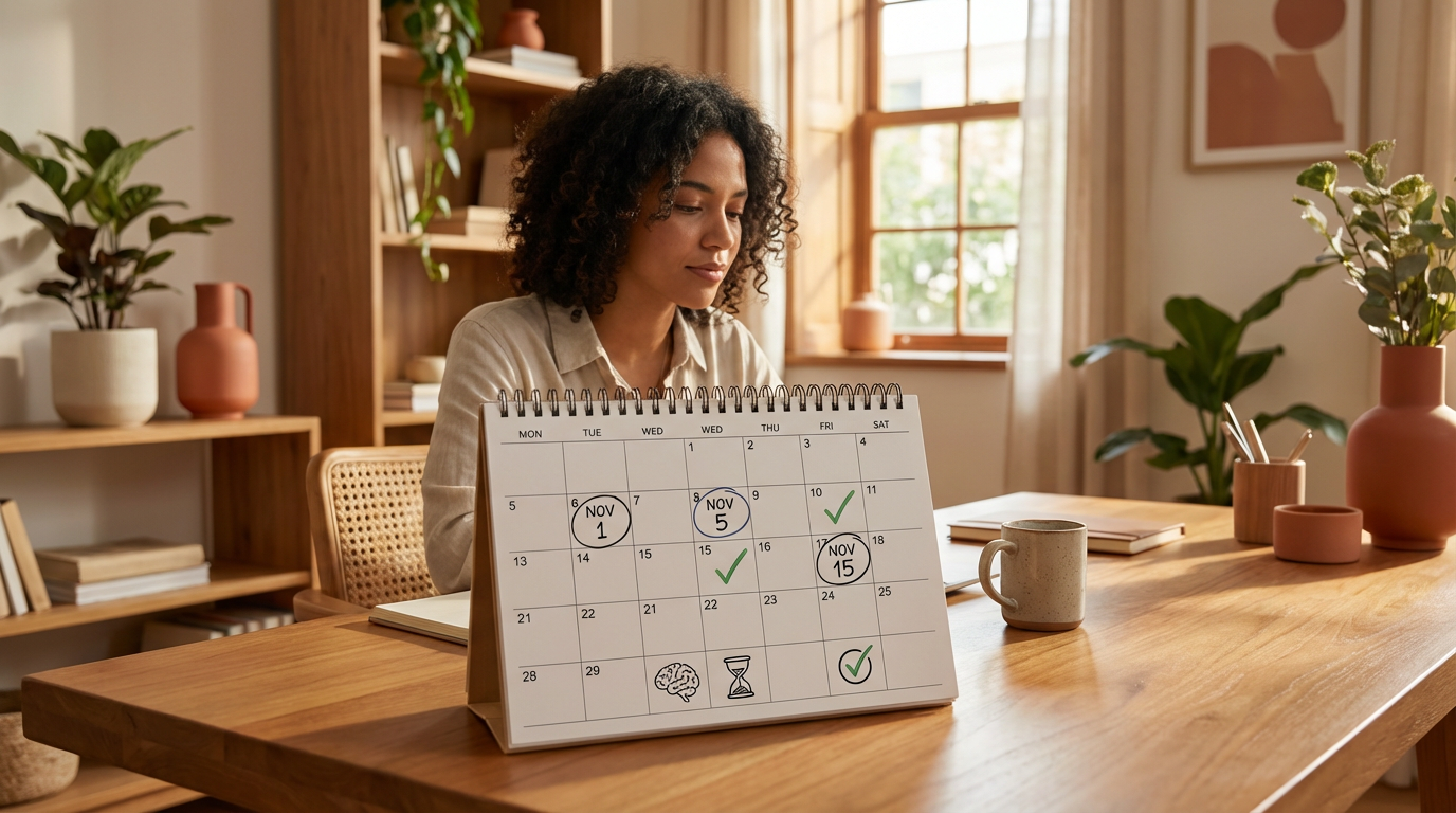 Calendário com datas marcadas para revisão e ícones de memória, simbolizando o espaçamento repetido