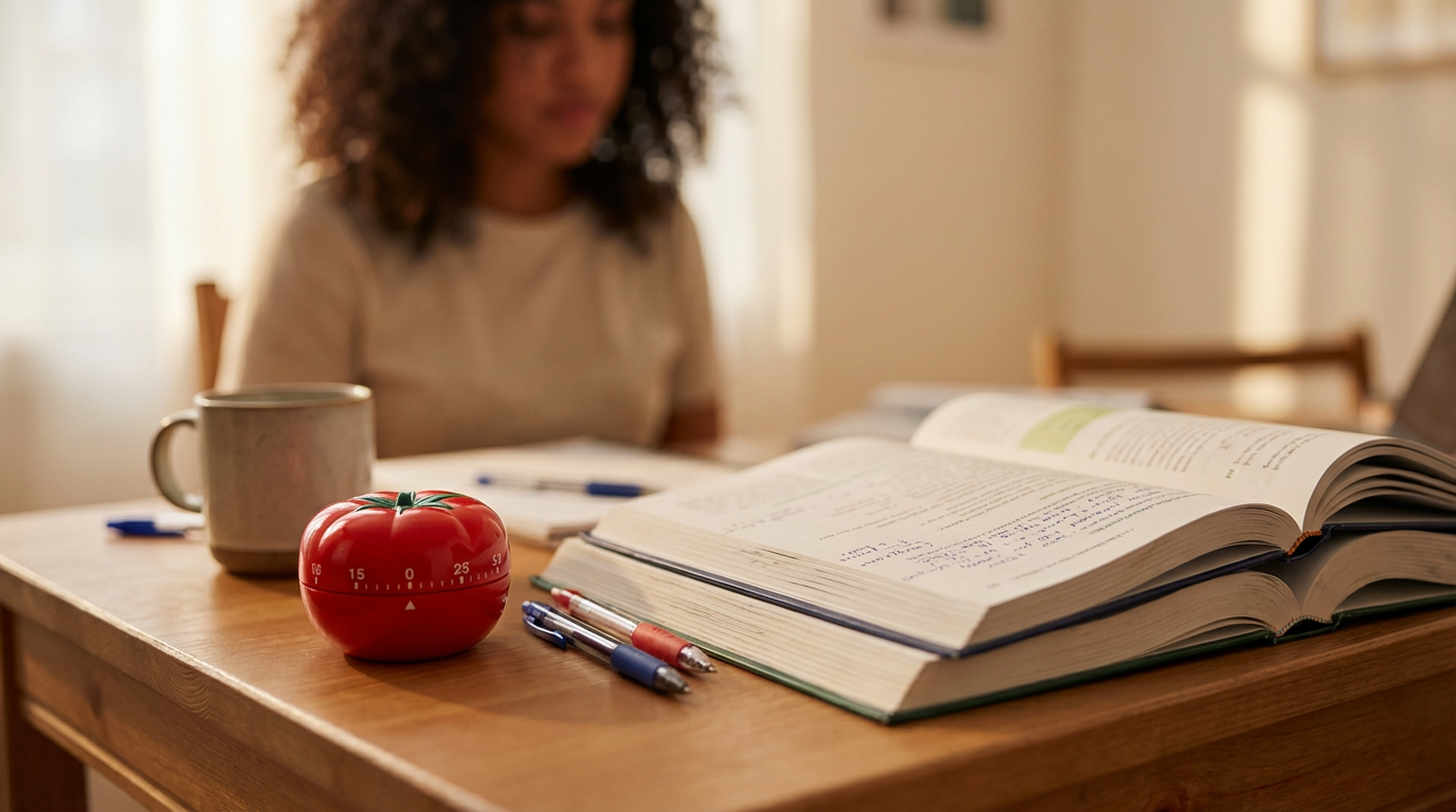 Cronômetro em formato de tomate (pomodoro) sobre uma mesa de estudos com livros e canetas, simbolizando o método pomodoro para foco