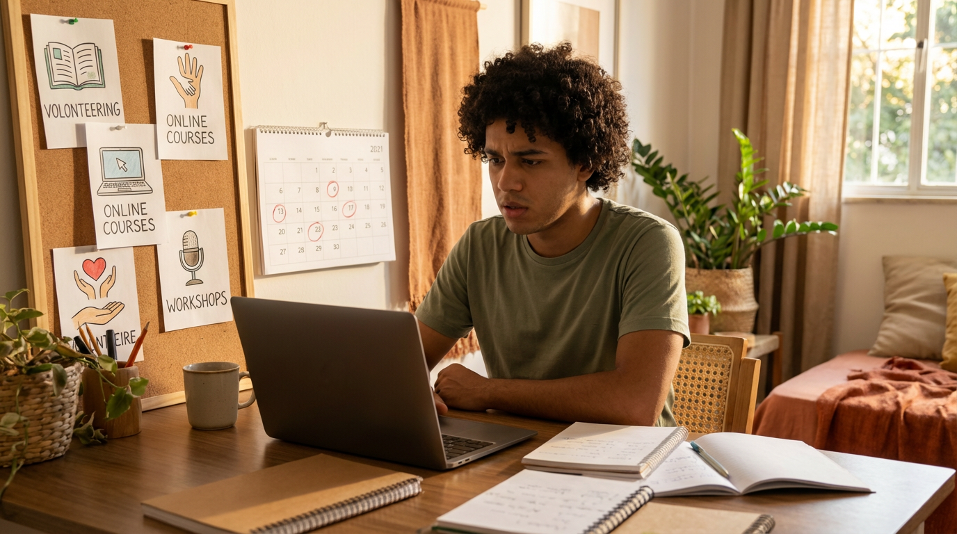 Estudante preocupado com prazo de horas complementares e ilustrações de atividades