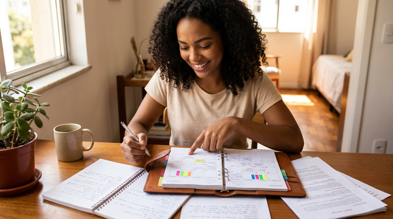Planejamento de horas complementares em um mês com planner e anotações