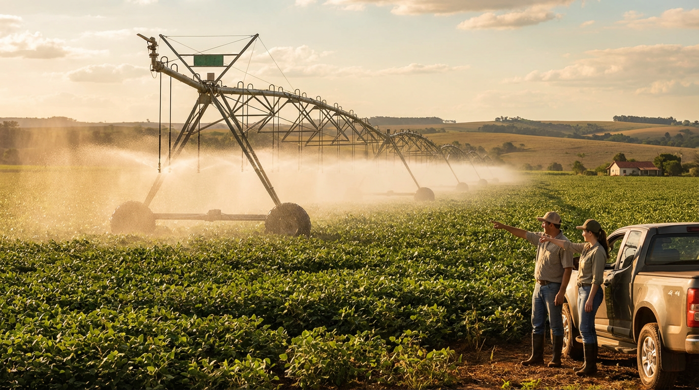 Pivô agrícola em funcionamento em uma plantação