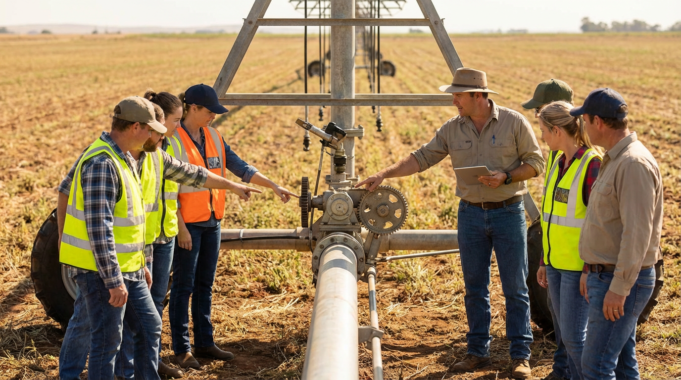 Alunos aprendendo sobre mecanismos de pivô agrícola