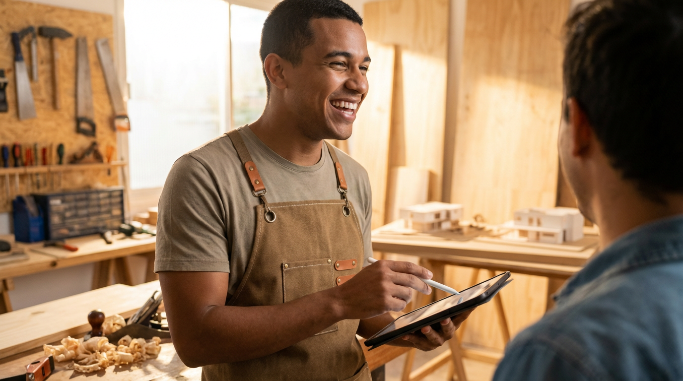 Jovem adulto sorrindo, usando um tablet e simbolizando aprendizado dinâmico e flexibilidade de carreira.