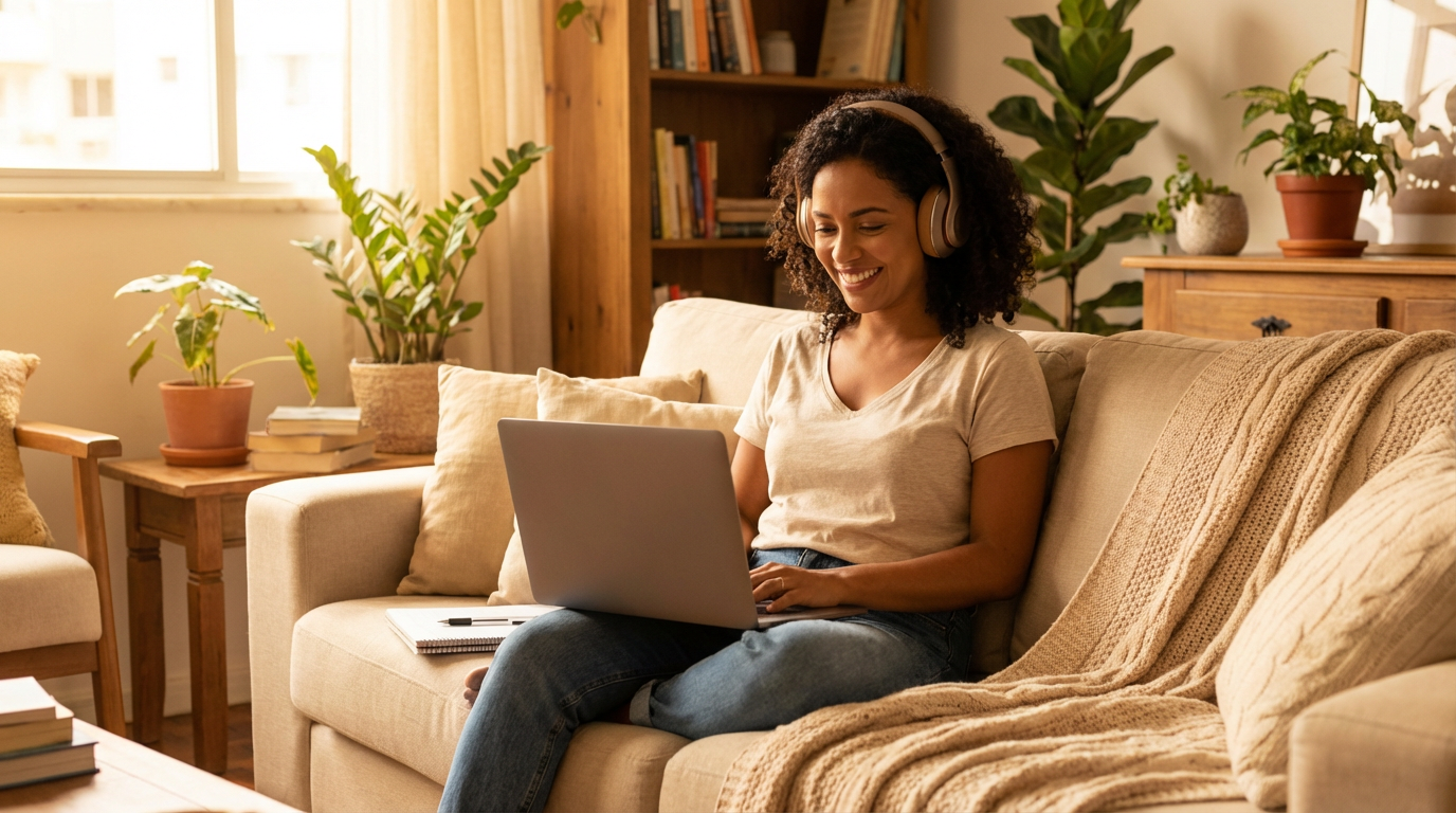 Mulher sorrindo, usando fones de ouvido e aprendendo online em um ambiente confortável, simbolizando a acessibilidade do conhecimento.